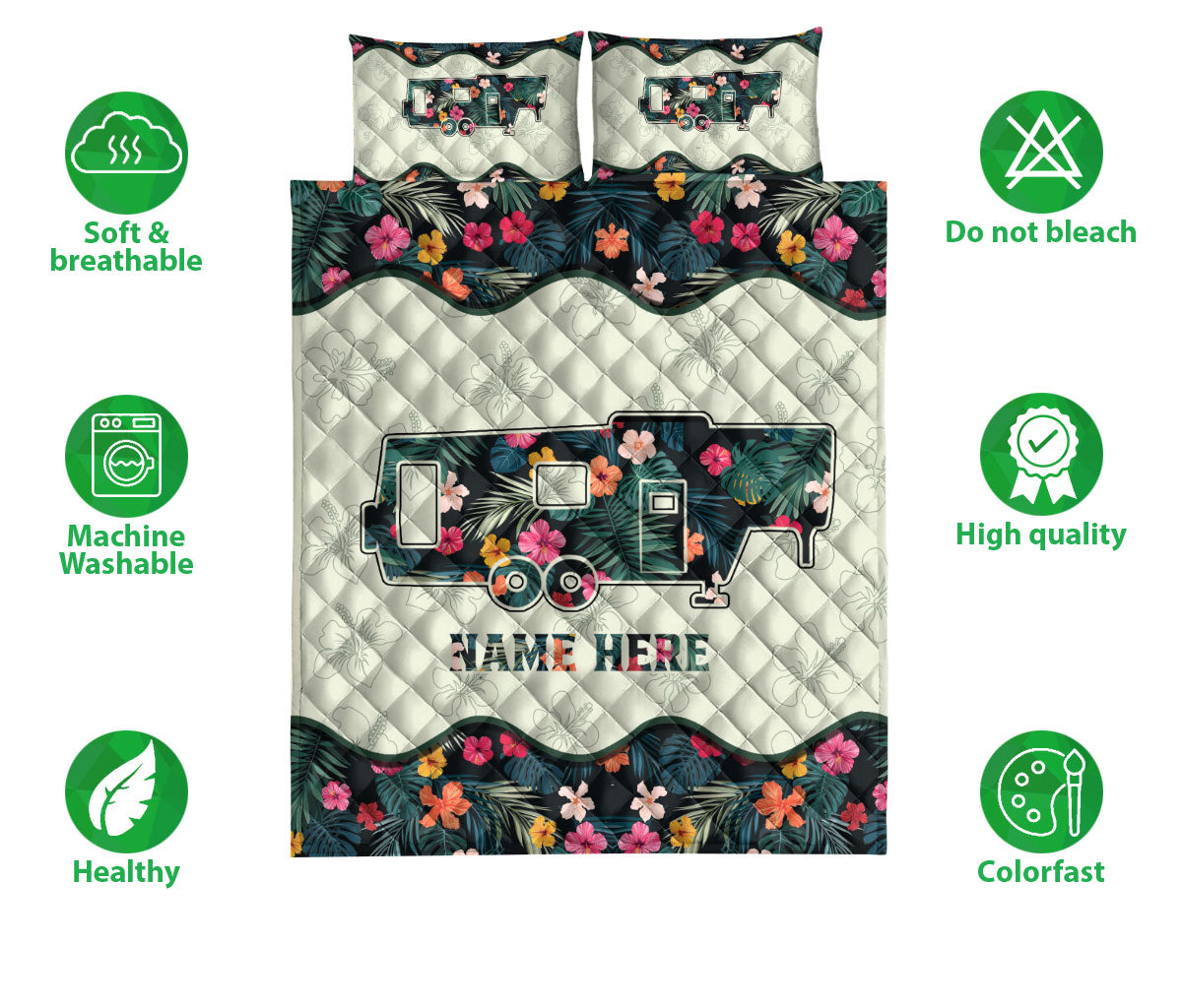 Ohaprints-Quilt-Bed-Set-Pillowcase-Campers-Travel-Trailer-Flower-Camping-Lover-Gifts-Custom-Personalized-Name-Blanket-Bedspread-Bedding-1119-Double (70'' x 80'')