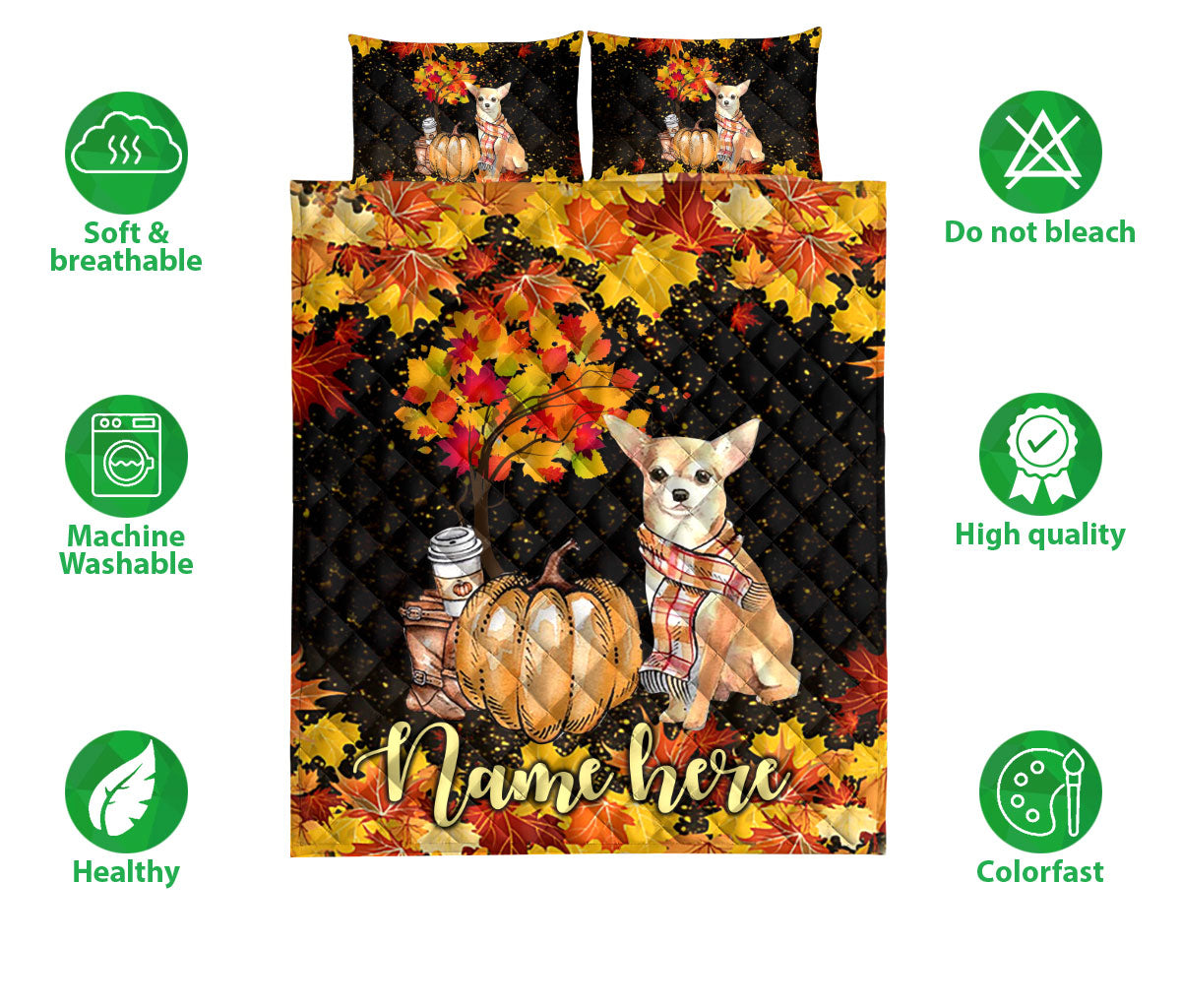 Ohaprints-Quilt-Bed-Set-Pillowcase-Chihuahua-Pumpkin-Welcome-Autumn-Happy-Fall-Y'All-Custom-Personalized-Name-Blanket-Bedspread-Bedding-1704-Double (70'' x 80'')