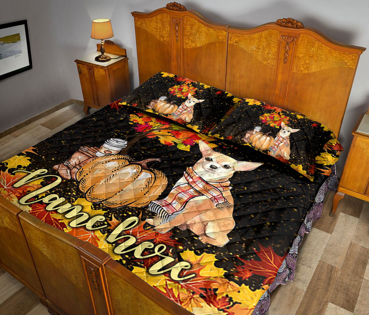 Ohaprints-Quilt-Bed-Set-Pillowcase-Chihuahua-Pumpkin-Welcome-Autumn-Happy-Fall-Y'All-Custom-Personalized-Name-Blanket-Bedspread-Bedding-1704-King (90'' x 100'')