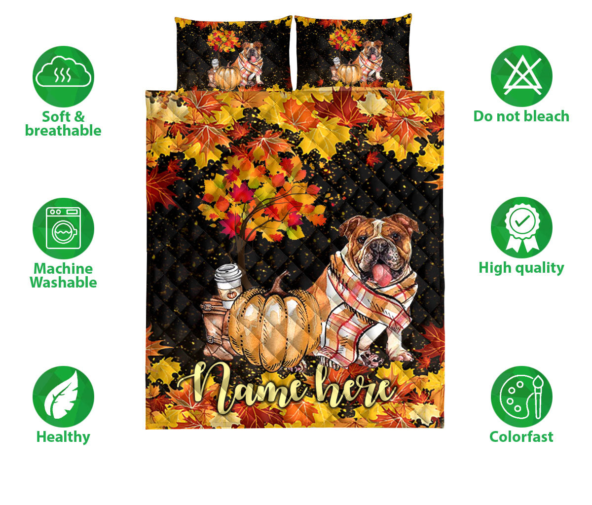 Ohaprints-Quilt-Bed-Set-Pillowcase-English-Bulldog-Pumpkin-Autumn-Happy-Fall-Y'All-Custom-Personalized-Name-Blanket-Bedspread-Bedding-2884-Double (70'' x 80'')