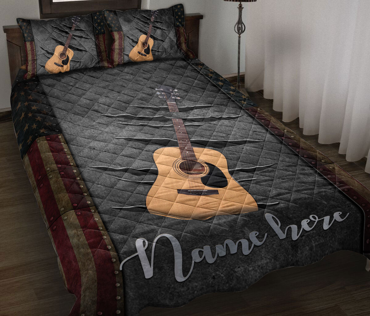 Ohaprints-Quilt-Bed-Set-Pillowcase-Classic-Brown-Guitar-American-Us-Flag-Crack-Pattern-Custom-Personalized-Name-Blanket-Bedspread-Bedding-1121-Throw (55'' x 60'')