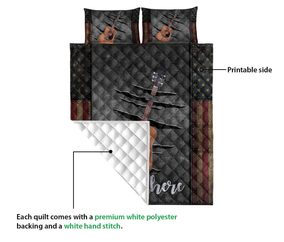 Ohaprints-Quilt-Bed-Set-Pillowcase-Classic-Dark-Brown-Guitar-American-Flag-Crack-Pattern-Custom-Personalized-Name-Blanket-Bedspread-Bedding-1706-Queen (80'' x 90'')