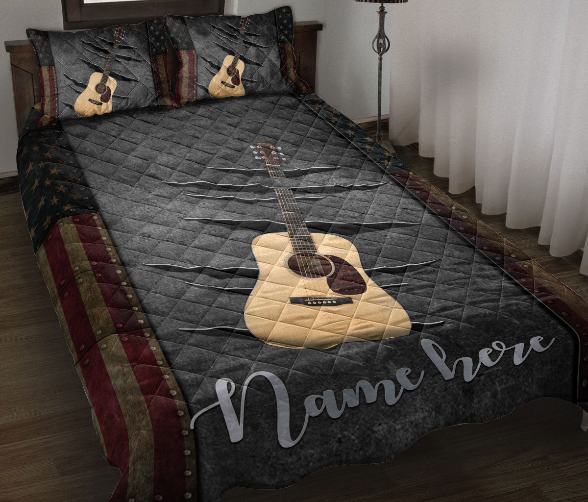 Ohaprints-Quilt-Bed-Set-Pillowcase-Classic-Beige-Guitar-American-Us-Flag-Crack-Pattern-Custom-Personalized-Name-Blanket-Bedspread-Bedding-2294-Throw (55'' x 60'')