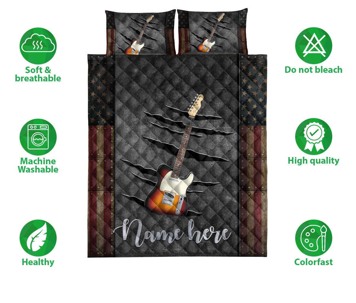 Ohaprints-Quilt-Bed-Set-Pillowcase-Squier-Classic-Vibe-Guitar-Us-Flag-Crack-Pattern-Custom-Personalized-Name-Blanket-Bedspread-Bedding-2886-Double (70'' x 80'')