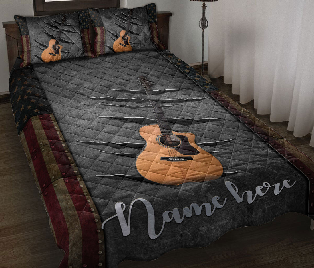 Ohaprints-Quilt-Bed-Set-Pillowcase-Brown-Acoustic-Guitar-American-Us-Flag-Crack-Pattern-Custom-Personalized-Name-Blanket-Bedspread-Bedding-1122-Throw (55'' x 60'')