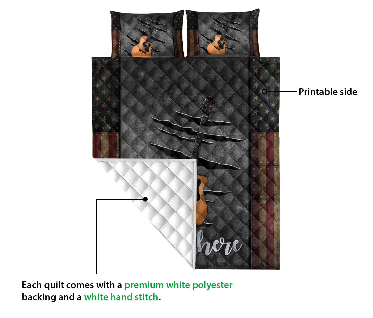 Ohaprints-Quilt-Bed-Set-Pillowcase-Brown-Acoustic-Guitar-American-Us-Flag-Crack-Pattern-Custom-Personalized-Name-Blanket-Bedspread-Bedding-1122-Queen (80'' x 90'')