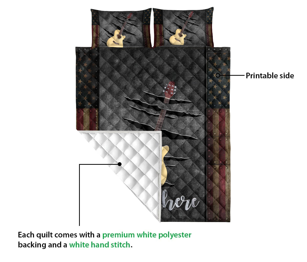 Ohaprints-Quilt-Bed-Set-Pillowcase-Beige-Acoustic-Guitar-American-Us-Flag-Crack-Pattern-Custom-Personalized-Name-Blanket-Bedspread-Bedding-1707-Queen (80'' x 90'')