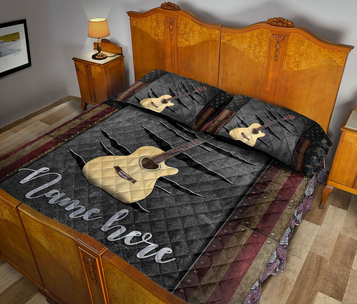 Ohaprints-Quilt-Bed-Set-Pillowcase-Beige-Acoustic-Guitar-American-Us-Flag-Crack-Pattern-Custom-Personalized-Name-Blanket-Bedspread-Bedding-1707-King (90'' x 100'')