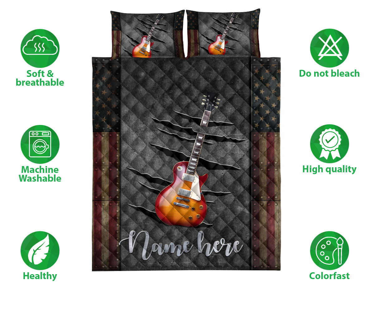 Ohaprints-Quilt-Bed-Set-Pillowcase-Sunburst-Electric-Guitar-American-Flag-Crack-Pattern-Custom-Personalized-Name-Blanket-Bedspread-Bedding-2295-Double (70'' x 80'')