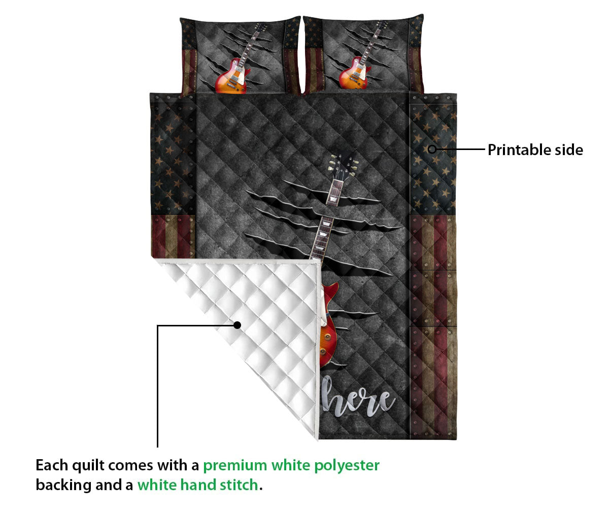 Ohaprints-Quilt-Bed-Set-Pillowcase-Sunburst-Electric-Guitar-American-Flag-Crack-Pattern-Custom-Personalized-Name-Blanket-Bedspread-Bedding-2295-Queen (80'' x 90'')