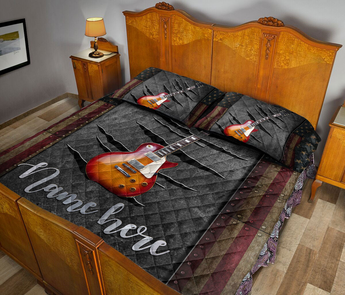 Ohaprints-Quilt-Bed-Set-Pillowcase-Sunburst-Electric-Guitar-American-Flag-Crack-Pattern-Custom-Personalized-Name-Blanket-Bedspread-Bedding-2295-King (90'' x 100'')