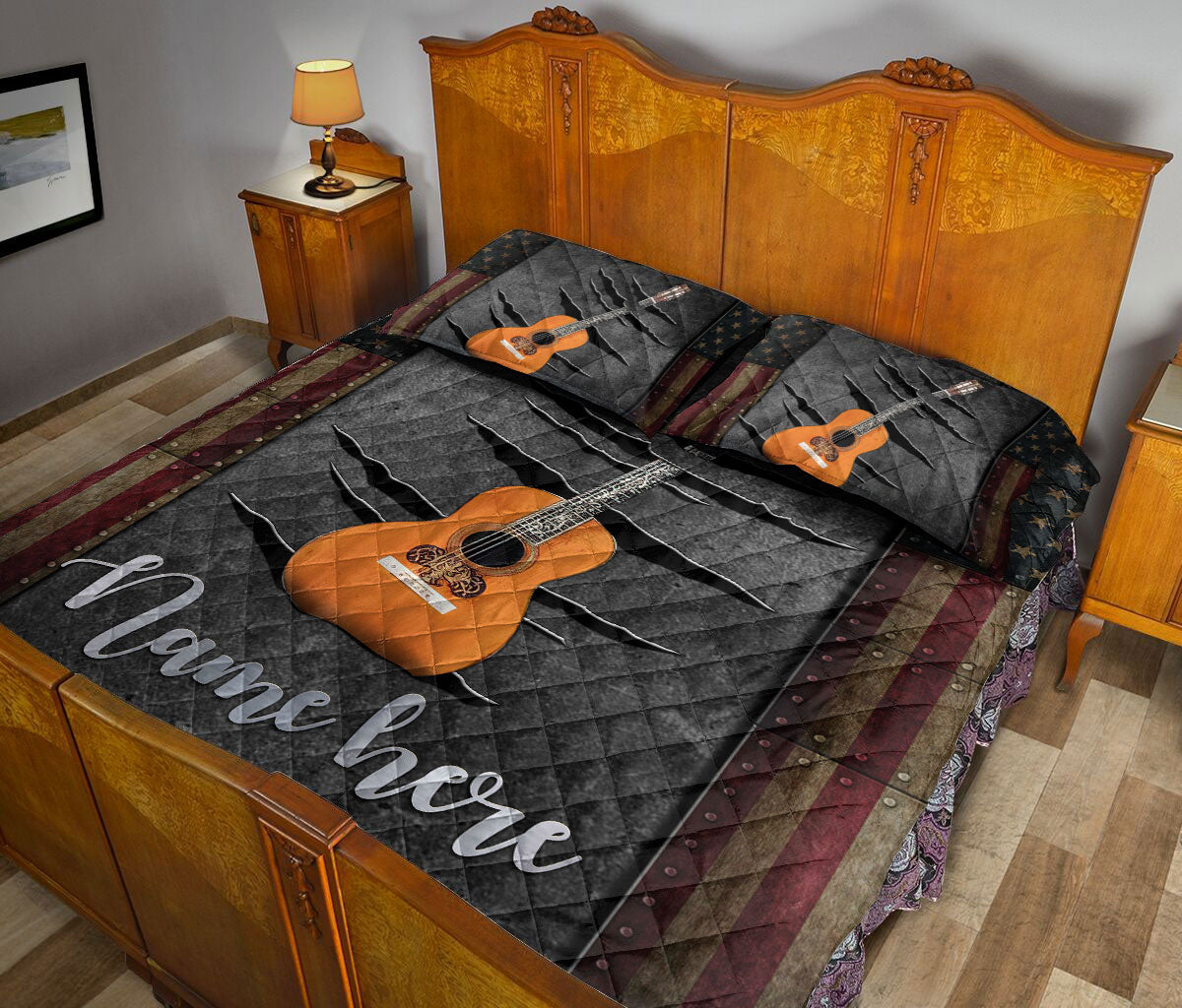 Ohaprints-Quilt-Bed-Set-Pillowcase-Brown-Classic-Guitar-American-Us-Flag-Crack-Pattern-Custom-Personalized-Name-Blanket-Bedspread-Bedding-2887-King (90'' x 100'')