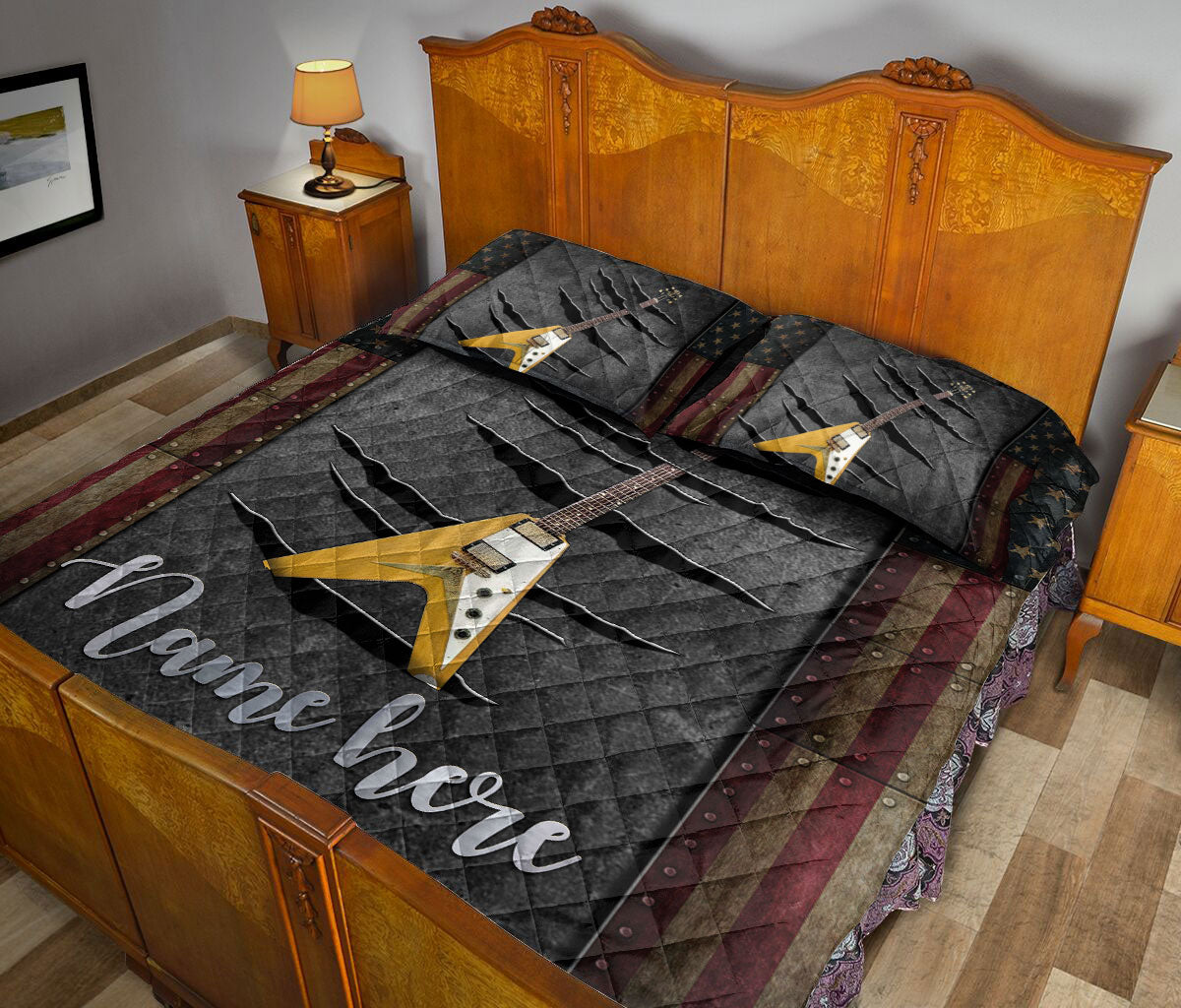 Ohaprints-Quilt-Bed-Set-Pillowcase-Acoustic-Bass-Guitar-American-Us-Flag-Crack-Pattern-Custom-Personalized-Name-Blanket-Bedspread-Bedding-1123-King (90'' x 100'')