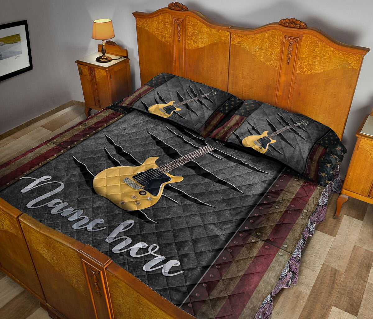 Ohaprints-Quilt-Bed-Set-Pillowcase-Beige-Brown-Guitar-American-Us-Flag-Crack-Pattern-Custom-Personalized-Name-Blanket-Bedspread-Bedding-1708-King (90'' x 100'')