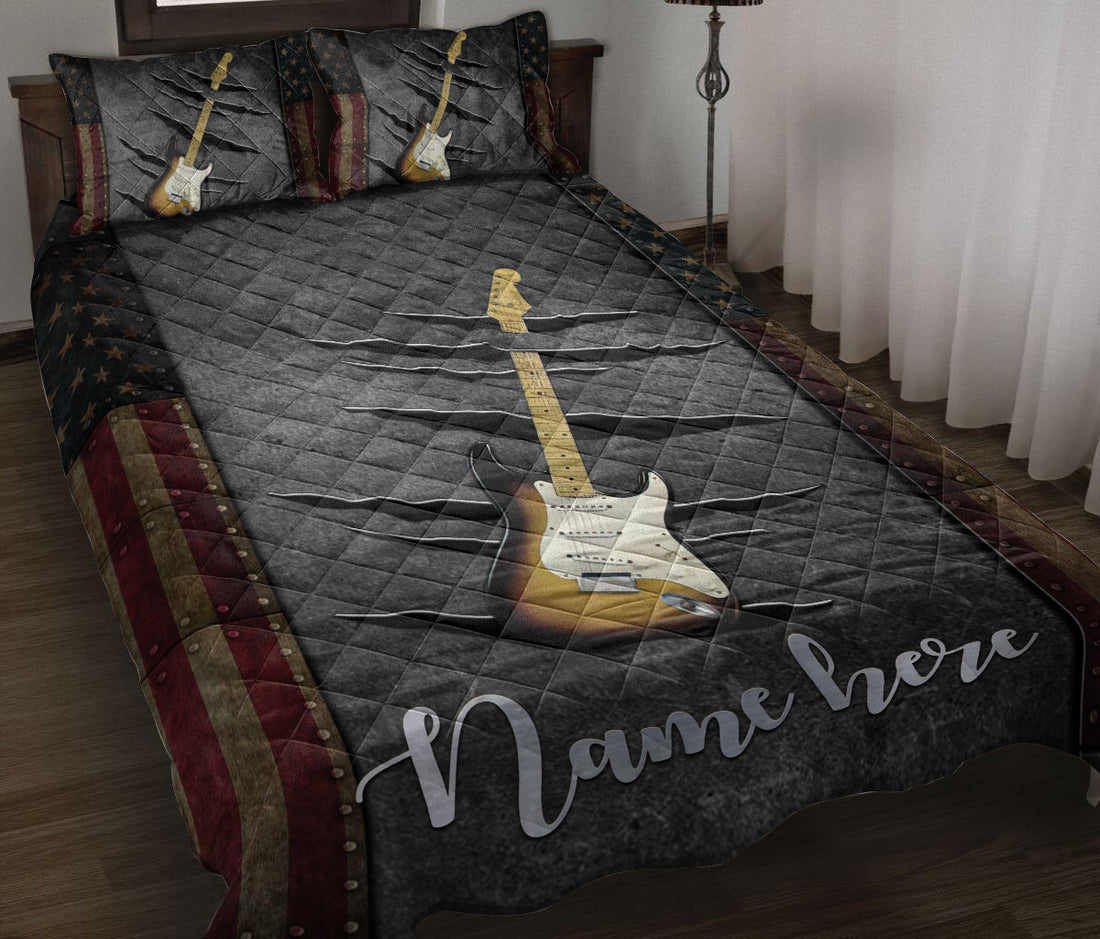 Ohaprints-Quilt-Bed-Set-Pillowcase-B&W-Electric-Guitar-American-Us-Flag-Crack-Pattern-Custom-Personalized-Name-Blanket-Bedspread-Bedding-2296-Throw (55'' x 60'')