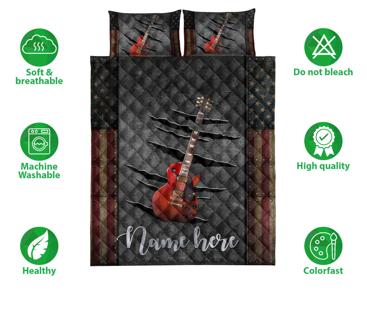 Ohaprints-Quilt-Bed-Set-Pillowcase-Cherry-Sunburst-Guitar-American-Us-Flag-Crack-Pattern-Custom-Personalized-Name-Blanket-Bedspread-Bedding-2888-Double (70'' x 80'')