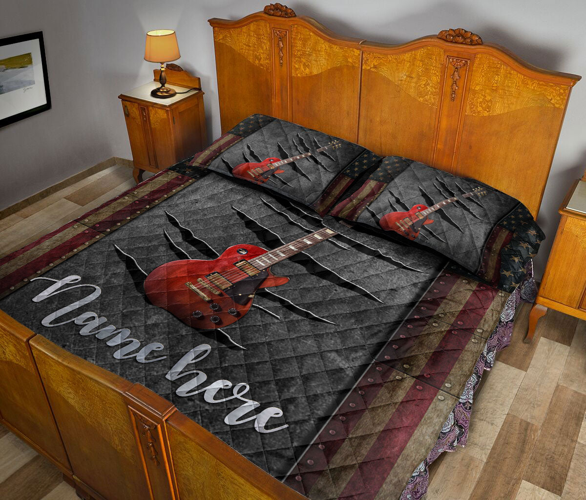 Ohaprints-Quilt-Bed-Set-Pillowcase-Cherry-Sunburst-Guitar-American-Us-Flag-Crack-Pattern-Custom-Personalized-Name-Blanket-Bedspread-Bedding-2888-King (90'' x 100'')