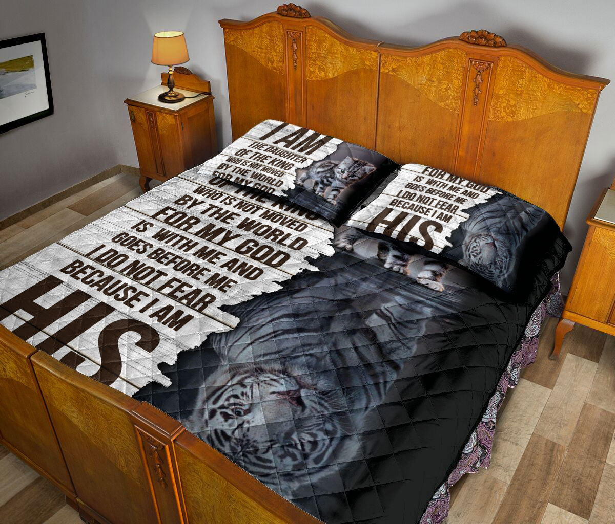 Ohaprints-Quilt-Bed-Set-Pillowcase-Cat-Kitten-&-White-Tiger-I-Am-The-Daughter-Of-The-King-Who-Is-Not-Moved-Blanket-Bedspread-Bedding-1981-Queen (80'' x 90'')