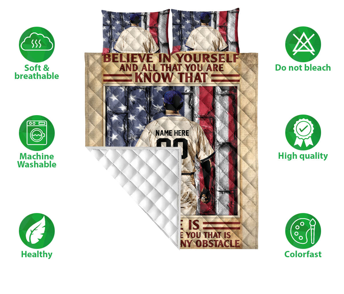 Ohaprints-Quilt-Bed-Set-Pillowcase-Baseball-Believe-In-Yourself-American-Flag-Custom-Personalized-Name-Number-Blanket-Bedspread-Bedding-1915-Double (70'' x 80'')