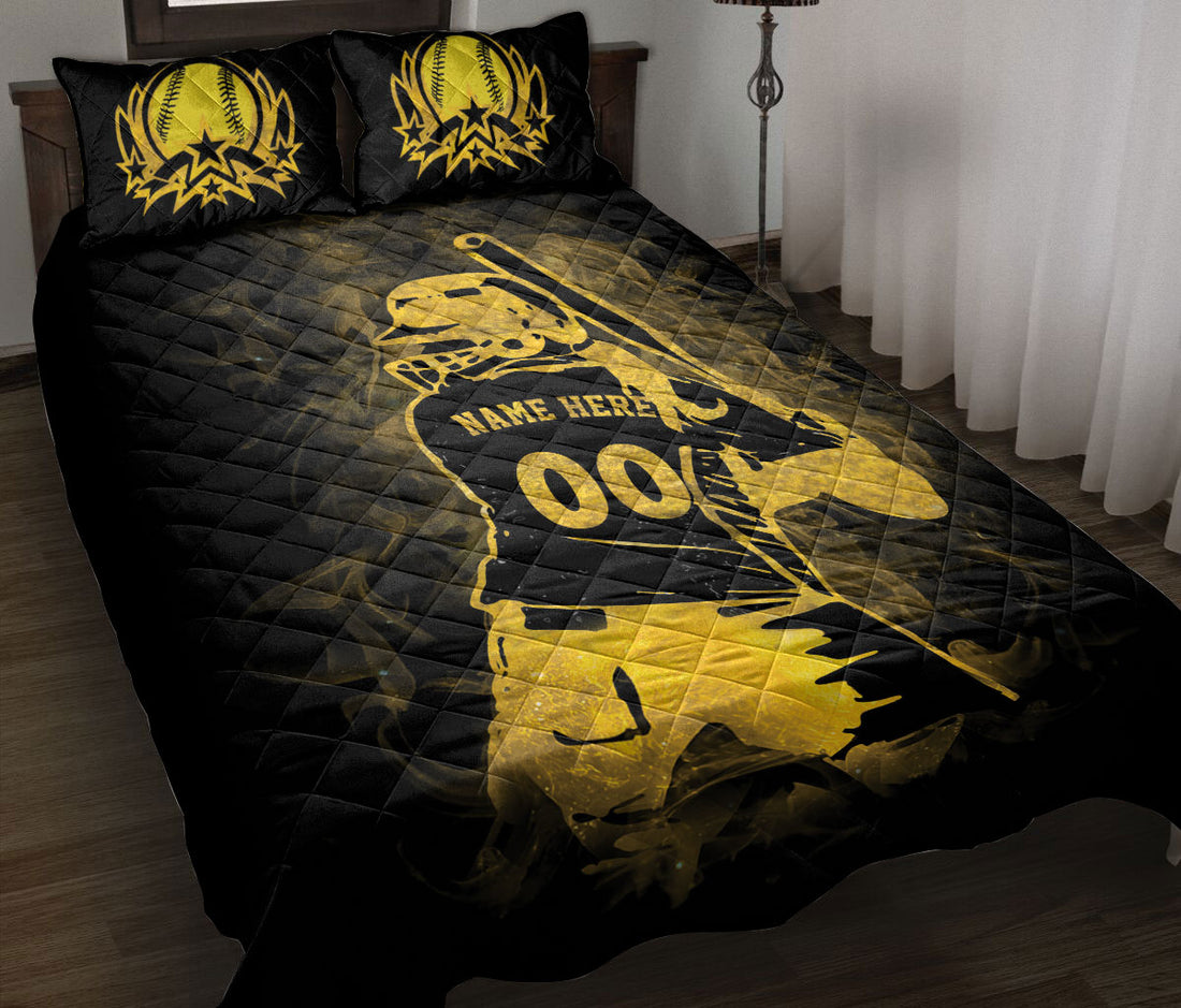 Ohaprints-Quilt-Bed-Set-Pillowcase-Softball-Pitcher-Player-Yellow-Black-Pattern-Custom-Personalized-Name-Number-Blanket-Bedspread-Bedding-1396-Throw (55'' x 60'')