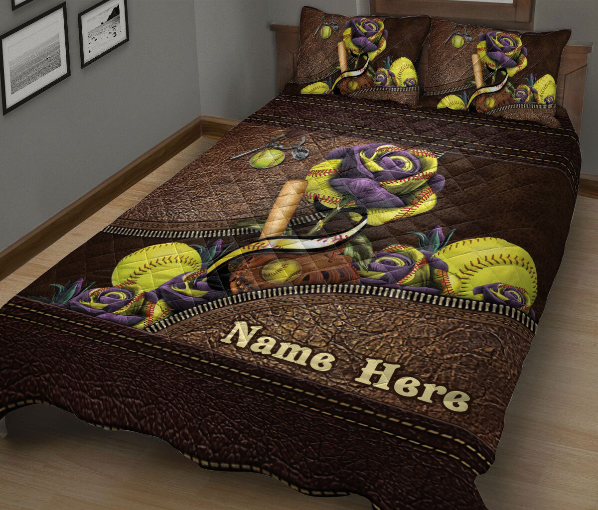 Ohaprints-Quilt-Bed-Set-Pillowcase-Softball-Yellow-Ball-Rose-Floral-Brown-Pattern-Custom-Personalized-Name-Blanket-Bedspread-Bedding-1984-King (90'' x 100'')