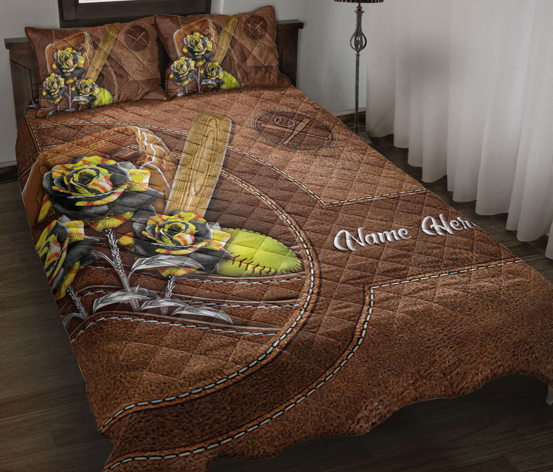 Ohaprints-Quilt-Bed-Set-Pillowcase-Softball-Yellow-Ball-Rose-Flower-Brown-Pattern-Custom-Personalized-Name-Blanket-Bedspread-Bedding-2355-Throw (55'' x 60'')