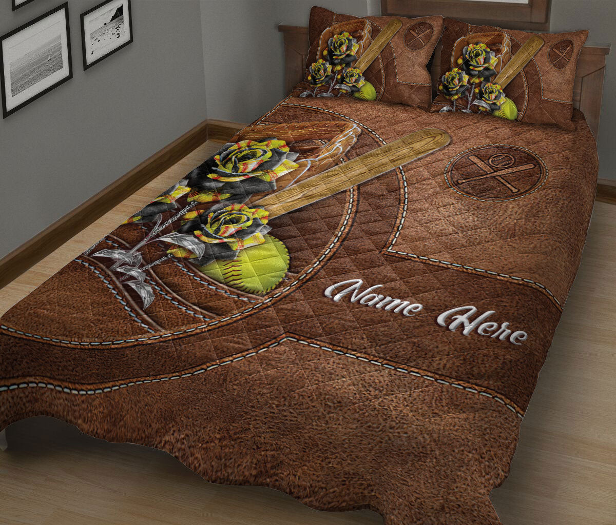 Ohaprints-Quilt-Bed-Set-Pillowcase-Softball-Yellow-Ball-Rose-Flower-Brown-Pattern-Custom-Personalized-Name-Blanket-Bedspread-Bedding-2355-King (90'' x 100'')