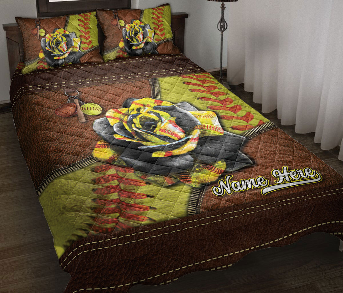 Ohaprints-Quilt-Bed-Set-Pillowcase-Softball-Rose-Yellow-Ball-Floral-Brown-Pattern-Custom-Personalized-Name-Blanket-Bedspread-Bedding-2576-Throw (55'' x 60'')