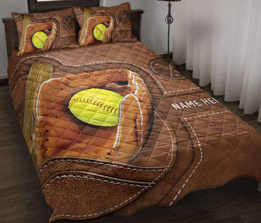 Ohaprints-Quilt-Bed-Set-Pillowcase-Softball-Glove-Yellow-Ball-Floral-Brown-Pattern-Custom-Personalized-Name-Blanket-Bedspread-Bedding-226-Throw (55'' x 60'')