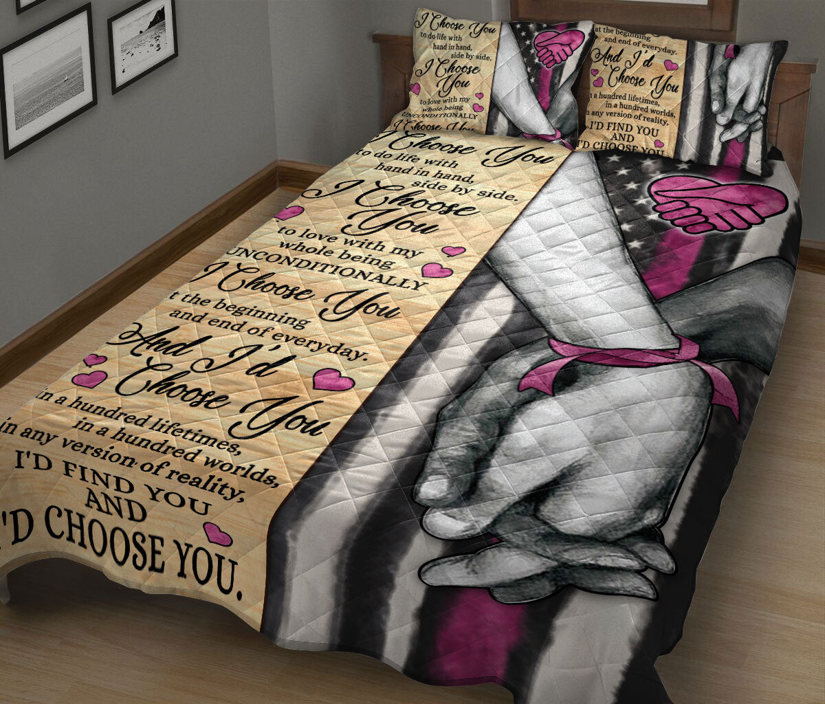 Ohaprints-Quilt-Bed-Set-Pillowcase-I-Choose-You-Breast-Cancer-Awareness-Gift-For-Couple-Husband-&-Wife-Lover-Blanket-Bedspread-Bedding-819-King (90'' x 100'')