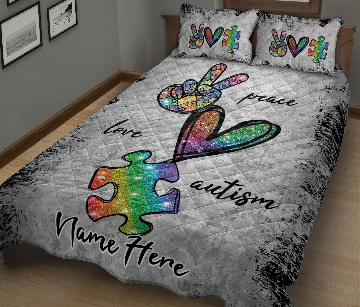 Ohaprints-Quilt-Bed-Set-Pillowcase-Autism-Awareness-Peace-Love-Support-Gift-Grey-Custom-Personalized-Name-Blanket-Bedspread-Bedding-2073-King (90'' x 100'')