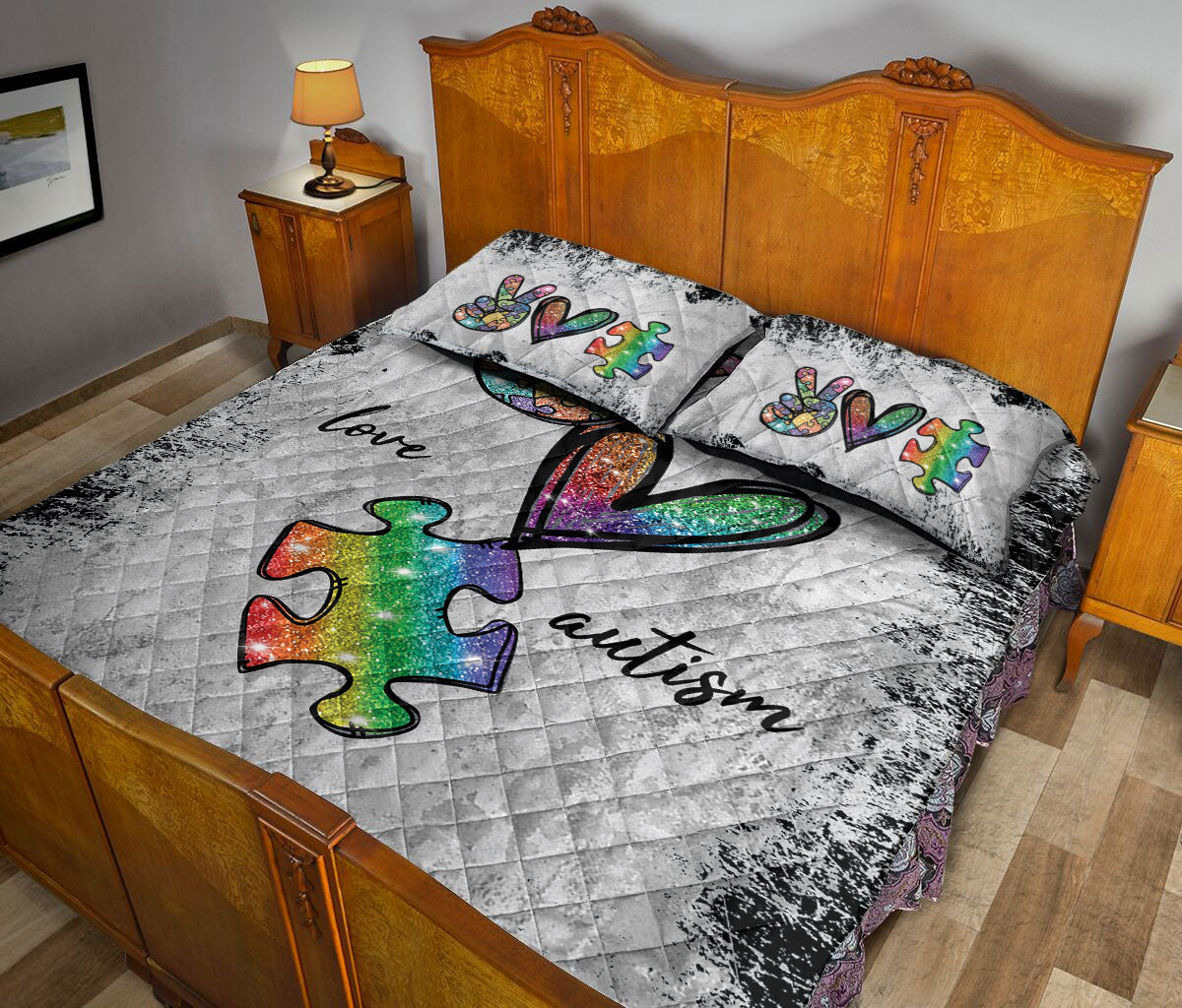 Ohaprints-Quilt-Bed-Set-Pillowcase-Autism-Awareness-Peace-Love-Autism-Support-Gift-Grey-Pattern-Blanket-Bedspread-Bedding-2668-Queen (80'' x 90'')