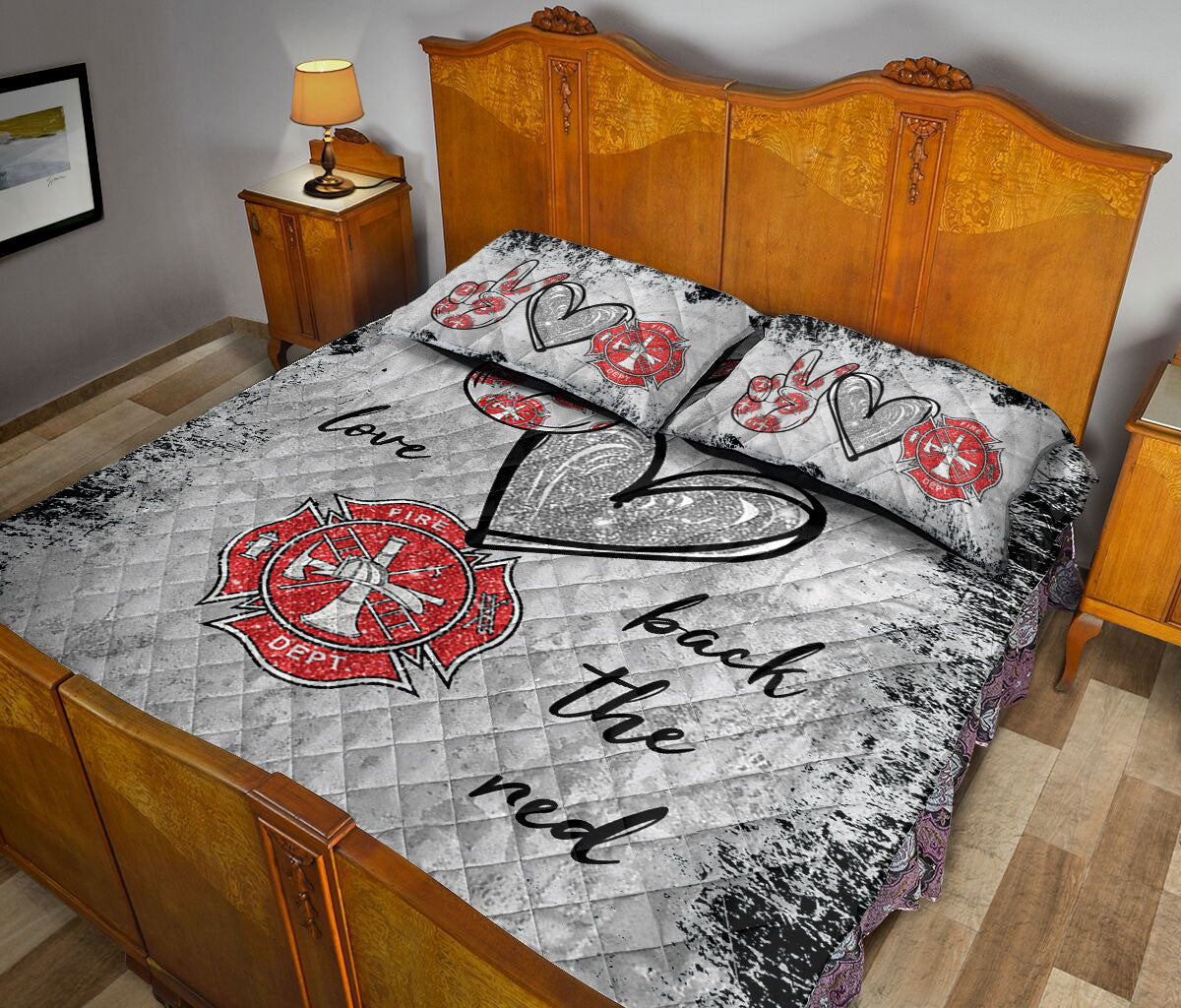 Ohaprints-Quilt-Bed-Set-Pillowcase-Firefighter-Peace-Love-Back-The-Red-Thin-Red-Line-Custom-Personalized-Name-Blanket-Bedspread-Bedding-909-Queen (80'' x 90'')