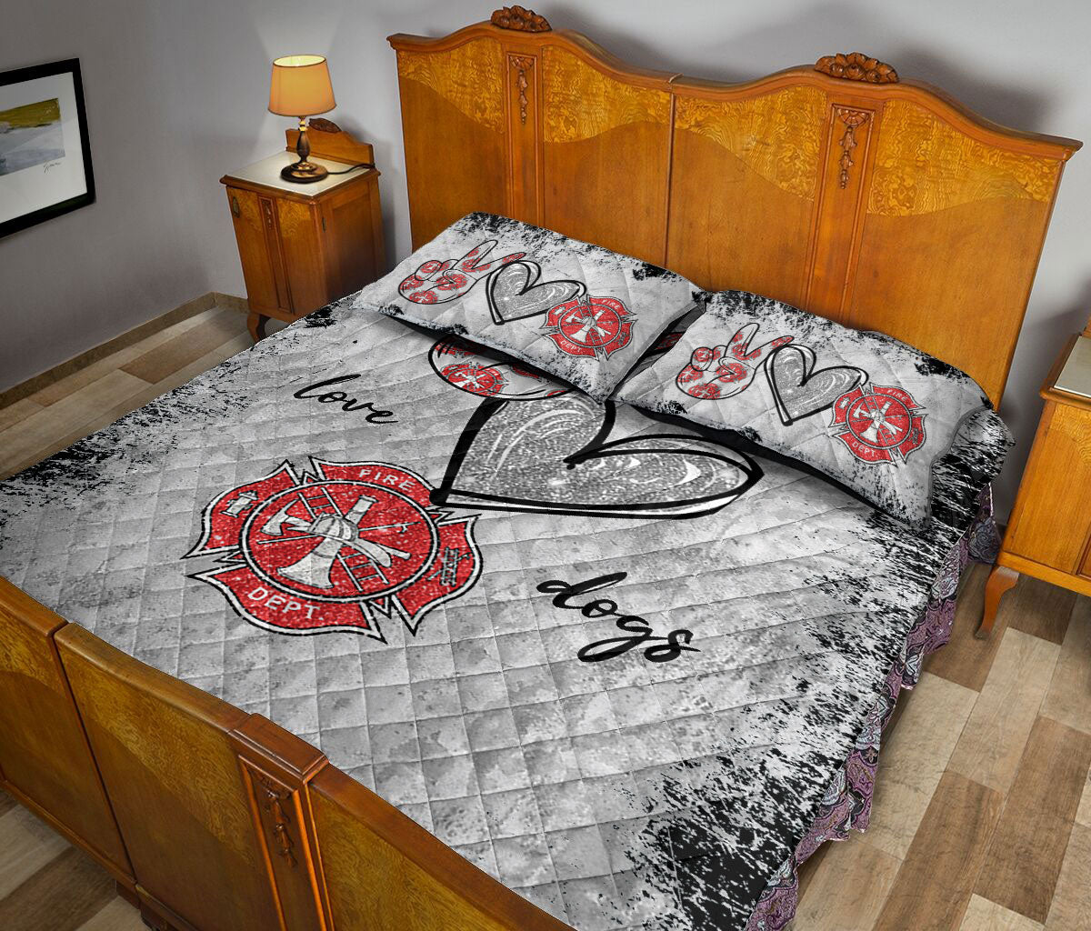 Ohaprints-Quilt-Bed-Set-Pillowcase-Firefighter-Fireman-Peace-Love-Back-The-Red-Thin-Red-Line-Grey-Pattern-Blanket-Bedspread-Bedding-1489-Queen (80'' x 90'')