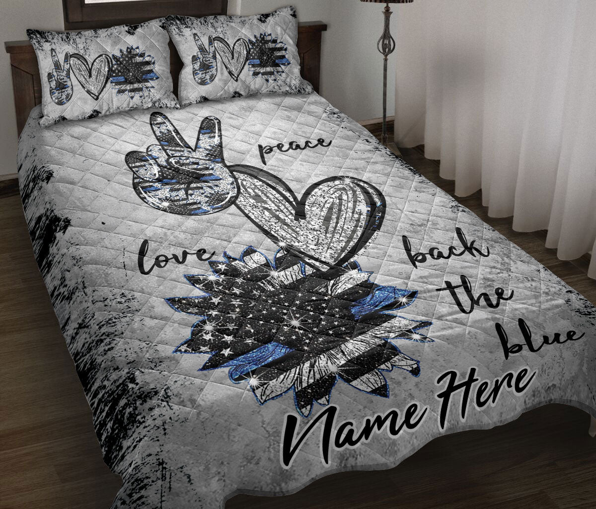 Ohaprints-Quilt-Bed-Set-Pillowcase-Police-Peace-Love-Back-The-Blue-Thin-Blue-Line-Custom-Personalized-Name-Blanket-Bedspread-Bedding-2074-Throw (55'' x 60'')