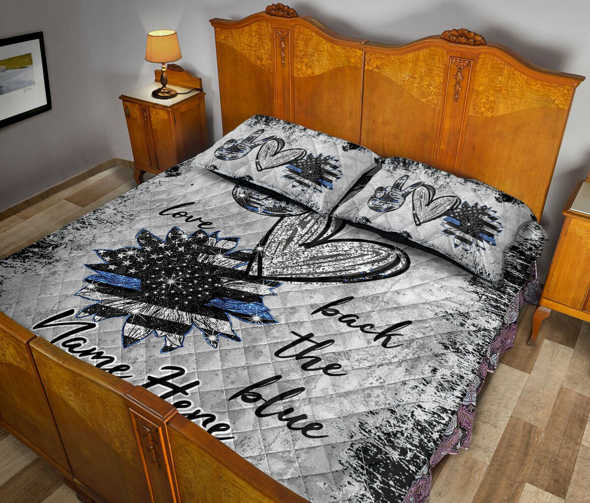 Ohaprints-Quilt-Bed-Set-Pillowcase-Police-Peace-Love-Back-The-Blue-Thin-Blue-Line-Custom-Personalized-Name-Blanket-Bedspread-Bedding-2074-Queen (80'' x 90'')