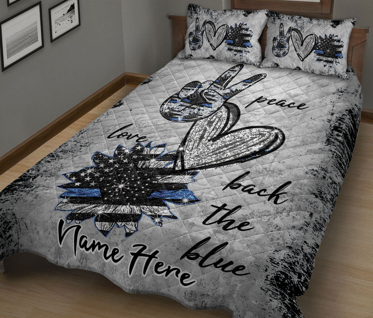 Ohaprints-Quilt-Bed-Set-Pillowcase-Police-Peace-Love-Back-The-Blue-Thin-Blue-Line-Custom-Personalized-Name-Blanket-Bedspread-Bedding-2074-King (90'' x 100'')