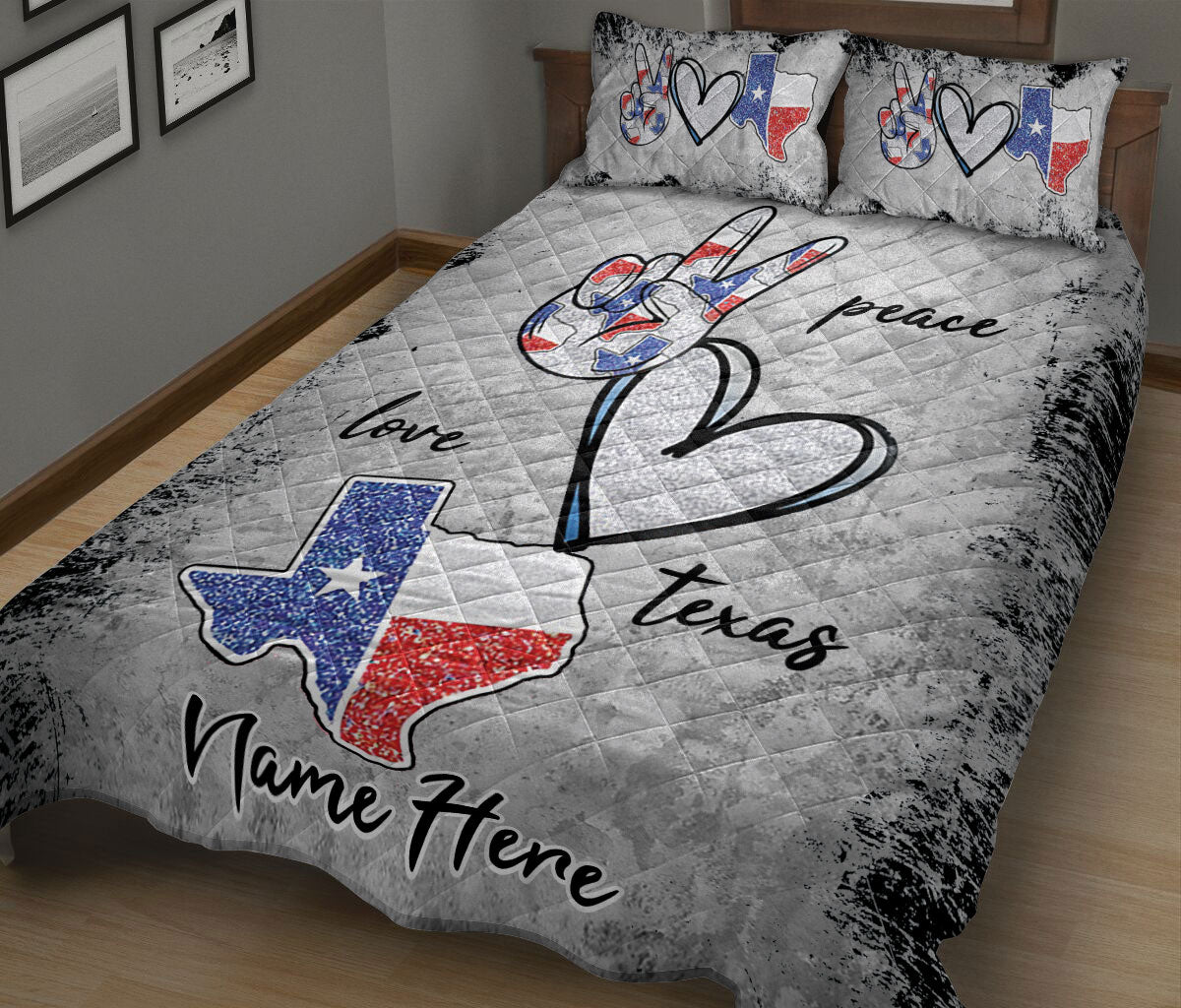 Ohaprints-Quilt-Bed-Set-Pillowcase-Western-Texas-Peace-Love-Texas-Wild-West-Grey-Pattern-Custom-Personalized-Name-Blanket-Bedspread-Bedding-910-King (90'' x 100'')