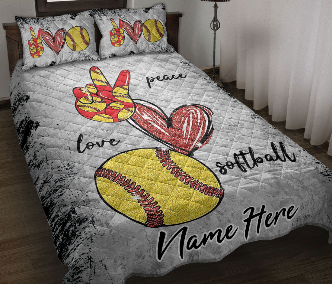 Ohaprints-Quilt-Bed-Set-Pillowcase-Peace-Love-Softball-Gift-For-Sport-Lover-Grey-Pattern-Custom-Personalized-Name-Blanket-Bedspread-Bedding-2075-Throw (55'' x 60'')