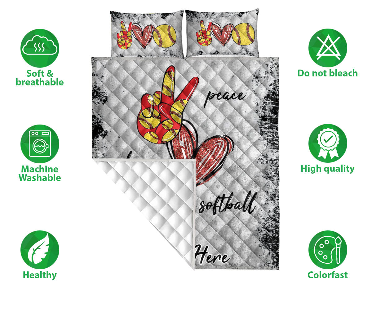 Ohaprints-Quilt-Bed-Set-Pillowcase-Peace-Love-Softball-Gift-For-Sport-Lover-Grey-Pattern-Custom-Personalized-Name-Blanket-Bedspread-Bedding-2075-Double (70'' x 80'')