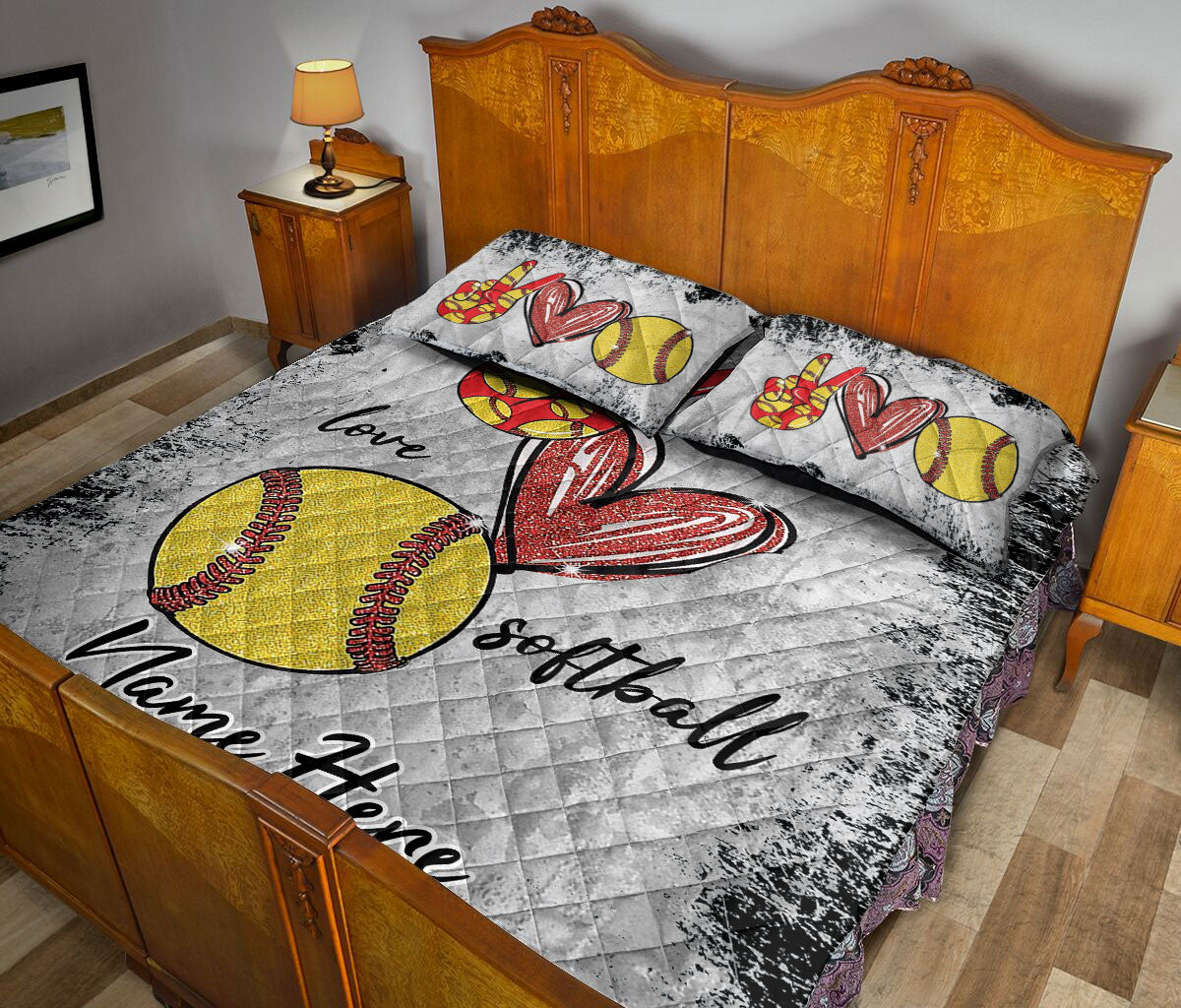 Ohaprints-Quilt-Bed-Set-Pillowcase-Peace-Love-Softball-Gift-For-Sport-Lover-Grey-Pattern-Custom-Personalized-Name-Blanket-Bedspread-Bedding-2075-Queen (80'' x 90'')