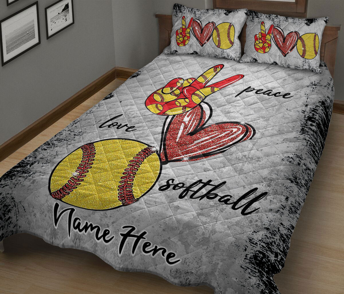 Ohaprints-Quilt-Bed-Set-Pillowcase-Peace-Love-Softball-Gift-For-Sport-Lover-Grey-Pattern-Custom-Personalized-Name-Blanket-Bedspread-Bedding-2075-King (90'' x 100'')