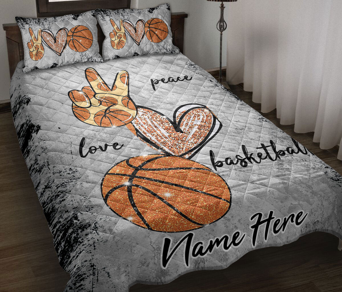 Ohaprints-Quilt-Bed-Set-Pillowcase-Peace-Love-Basketball-Gift-For-Sport-Lover-Grey-Custom-Personalized-Name-Blanket-Bedspread-Bedding-2670-Throw (55'' x 60'')