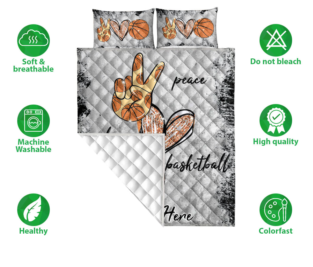 Ohaprints-Quilt-Bed-Set-Pillowcase-Peace-Love-Basketball-Gift-For-Sport-Lover-Grey-Custom-Personalized-Name-Blanket-Bedspread-Bedding-2670-Double (70'' x 80'')