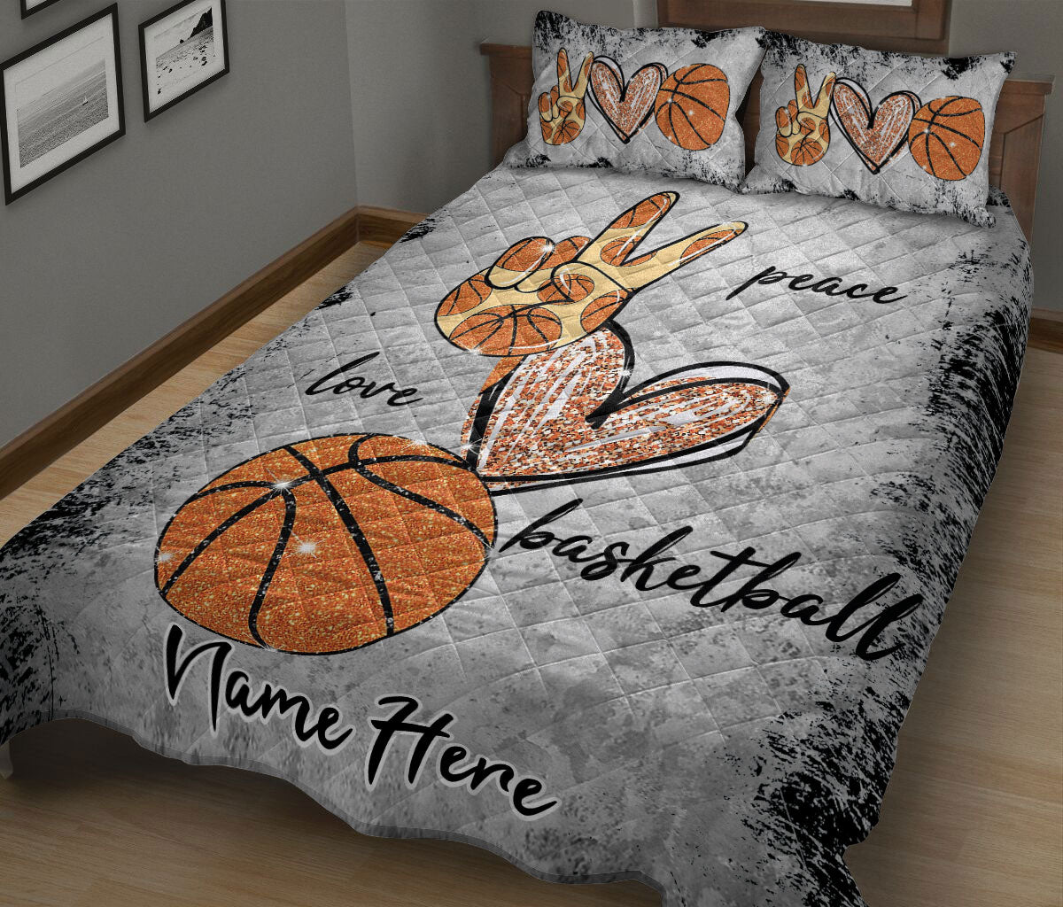 Ohaprints-Quilt-Bed-Set-Pillowcase-Peace-Love-Basketball-Gift-For-Sport-Lover-Grey-Custom-Personalized-Name-Blanket-Bedspread-Bedding-2670-King (90'' x 100'')