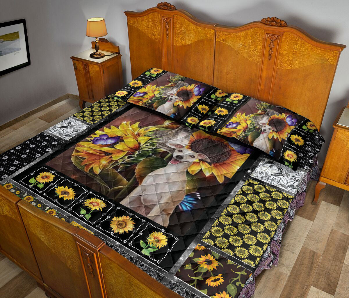 Ohaprints-Quilt-Bed-Set-Pillowcase-Whippet-Dog-Sunflower-Floral-Patchwork-Pattern-Gift-For-Dog-Puppy-Lover-Blanket-Bedspread-Bedding-2076-Queen (80'' x 90'')