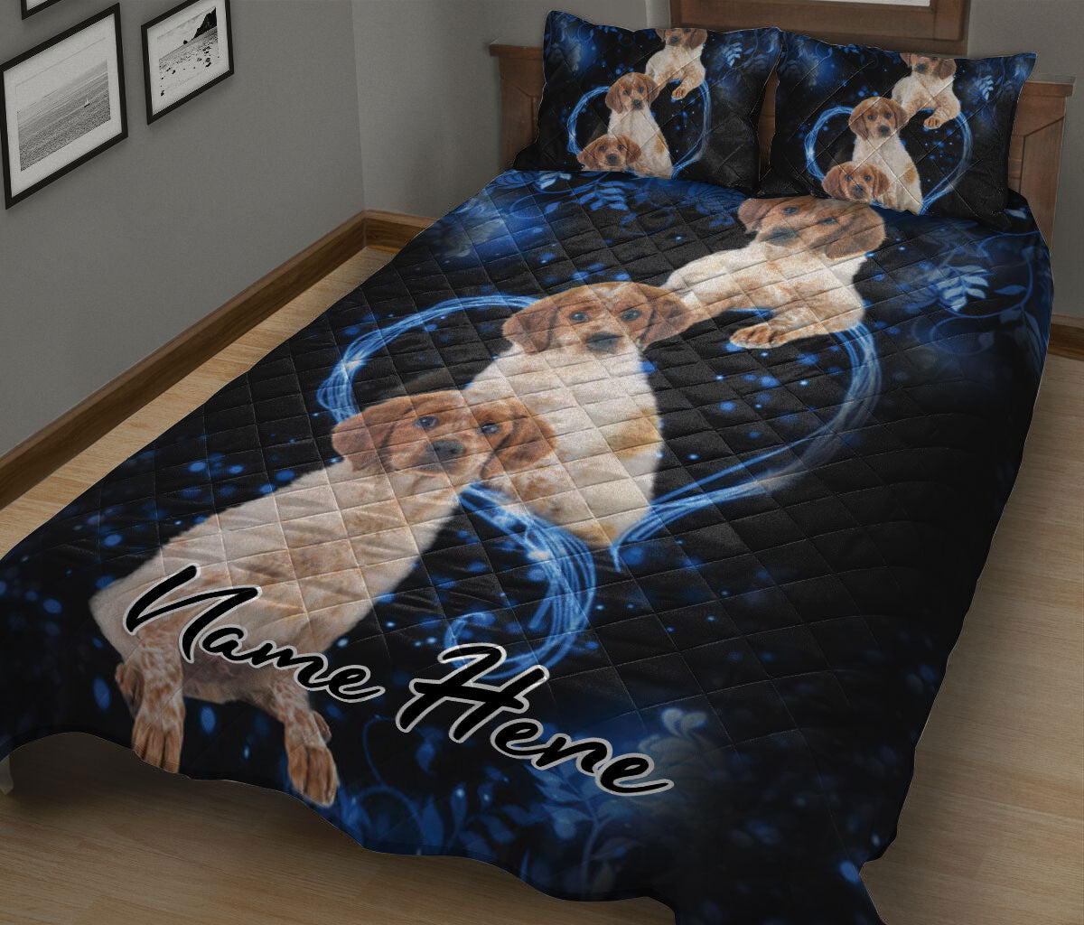 Ohaprints-Quilt-Bed-Set-Pillowcase-Brittany-Spaniel-Blue-Heart-Floral-For-Dog-Lover-Custom-Personalized-Name-Blanket-Bedspread-Bedding-2851-King (90'' x 100'')