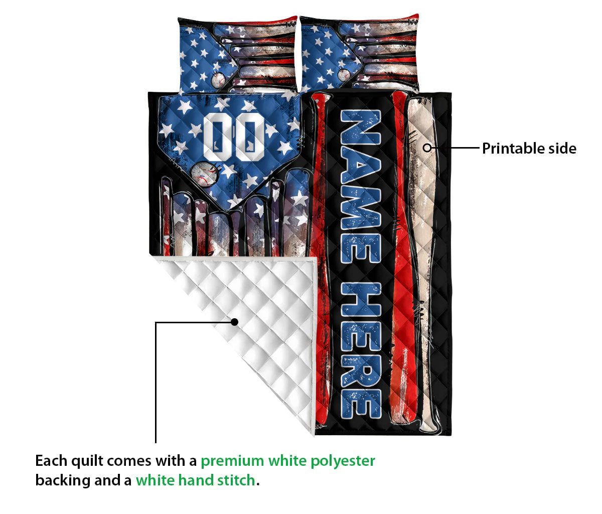 Ohaprints-Quilt-Bed-Set-Pillowcase-Baseball-Sport-American-Us-Flag-Patriot-Custom-Personalized-Name-Number-Blanket-Bedspread-Bedding-1127-Queen (80'' x 90'')