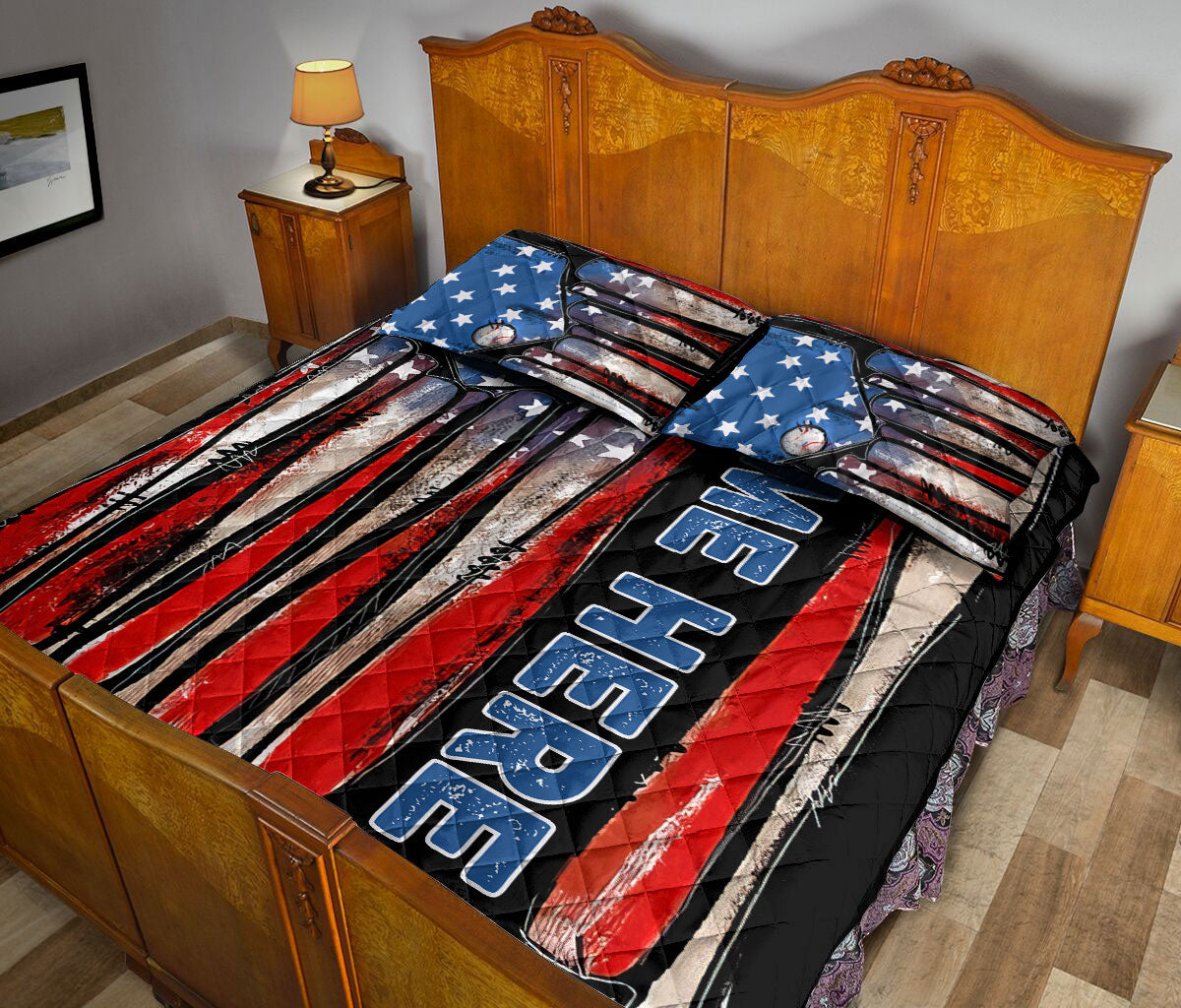 Ohaprints-Quilt-Bed-Set-Pillowcase-Baseball-Sport-American-Us-Flag-Patriot-Custom-Personalized-Name-Number-Blanket-Bedspread-Bedding-1127-King (90'' x 100'')