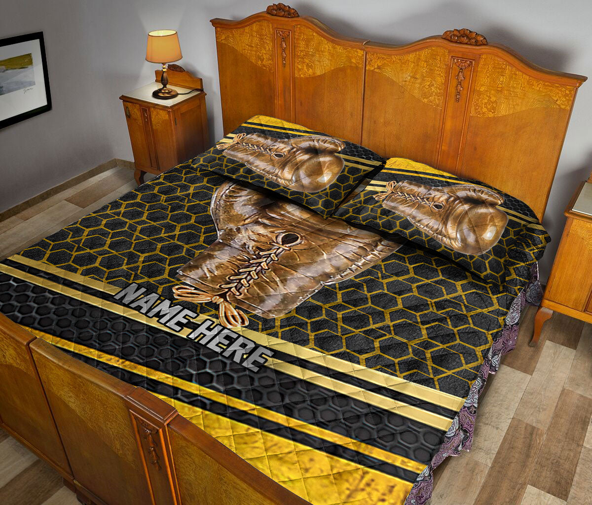 Ohaprints-Quilt-Bed-Set-Pillowcase-Boxing-Golden-Glove-Gift-For-Sport-Lover-Black-Custom-Personalized-Name-Blanket-Bedspread-Bedding-2302-King (90'' x 100'')